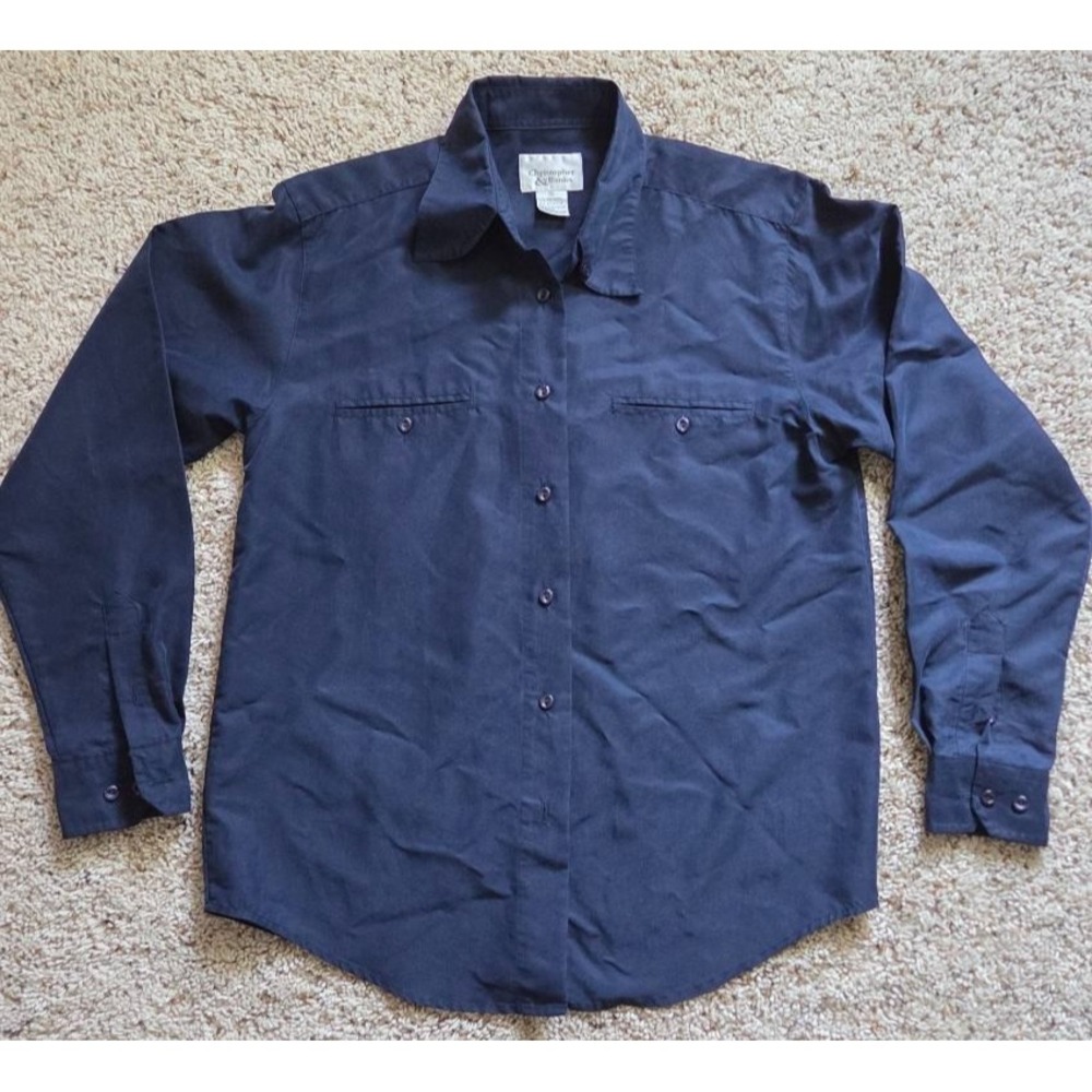 Christopher & Banks Women's SMALL Navy Blue Button Up Long Sleeve Pocket Shirt